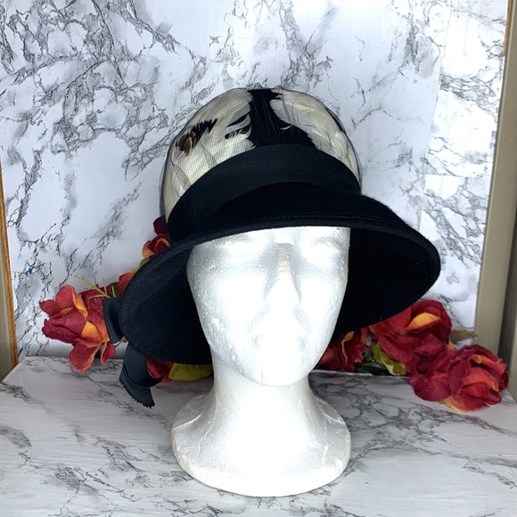 Vintage Midcentury Glenover Henry Pollack Black Wool Feather Cloche Bucket … - Picture 6 of 9